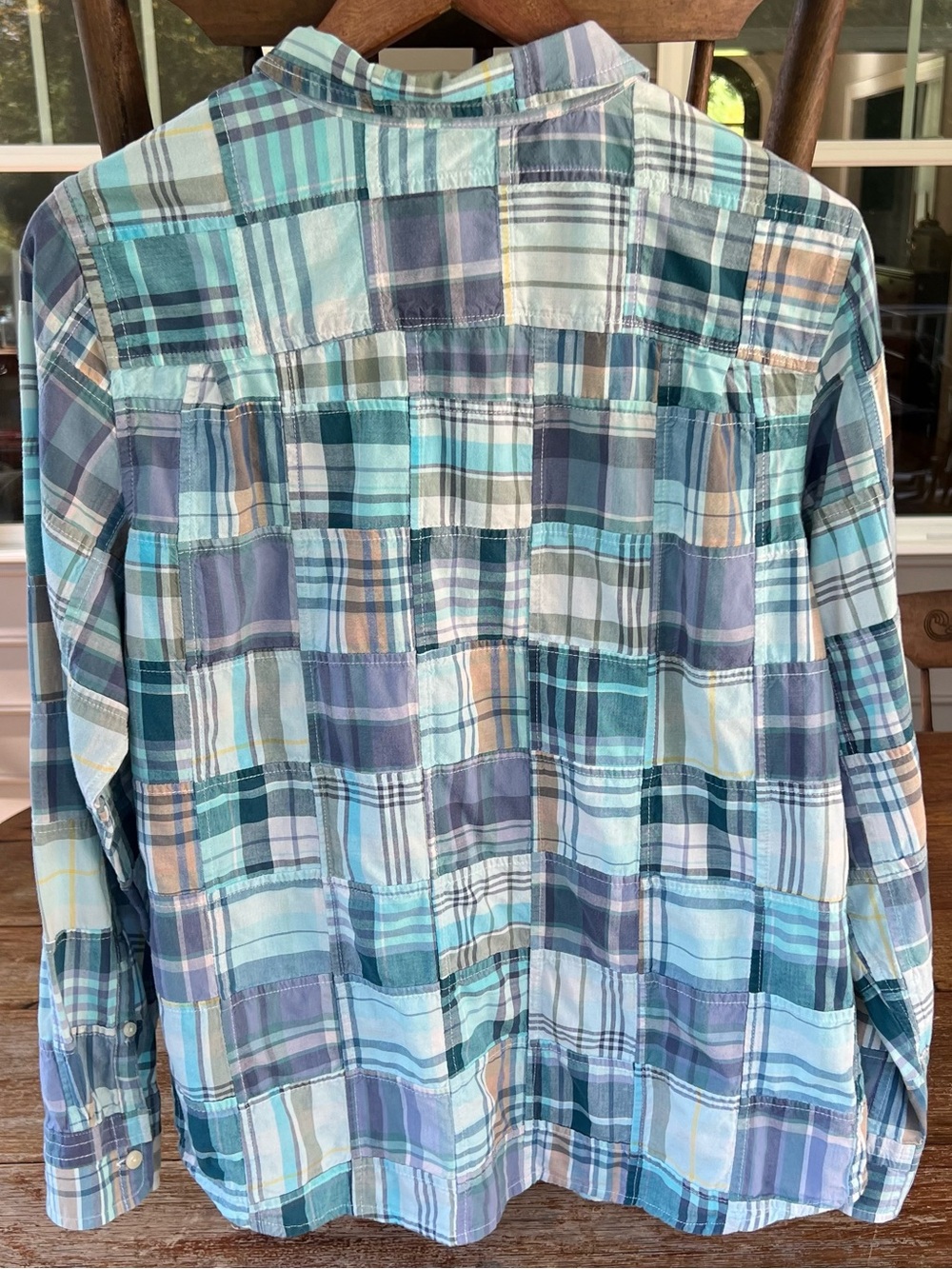 LL Bean Patchwork Madras Plaid Cotton Shirt Women’s Large Regular Blue Teal - Picture 3 of 14
